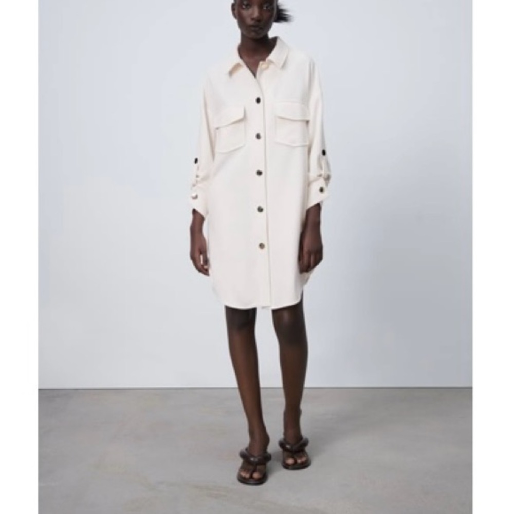 Zara Long Overshirt Light Ecru Cream Button-Up Shirt Dress